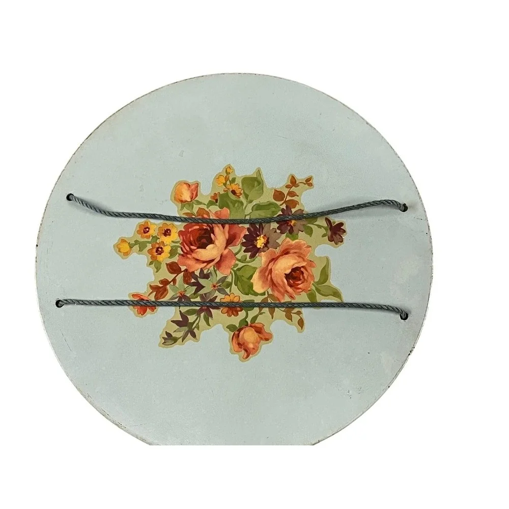 Vintage Woven Round Storage Sewing Container Box Blue Floral Lid Rope Handles - Picture 8 of 9